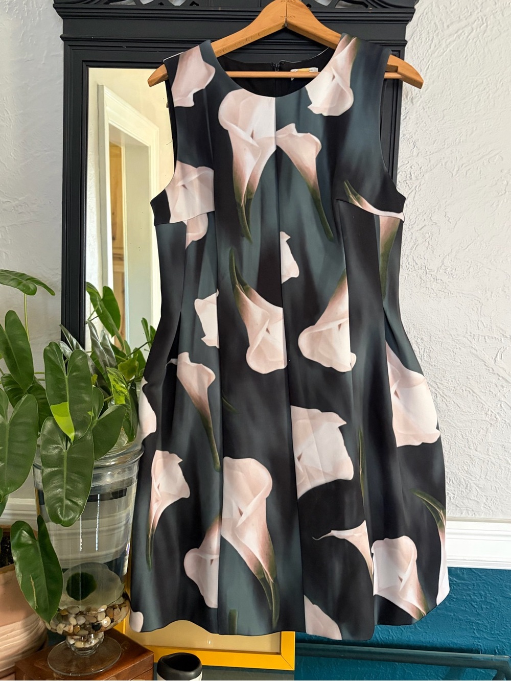 Calvin Klein Black Sleeveless A-Line Dress with Pale Pink Floral Print